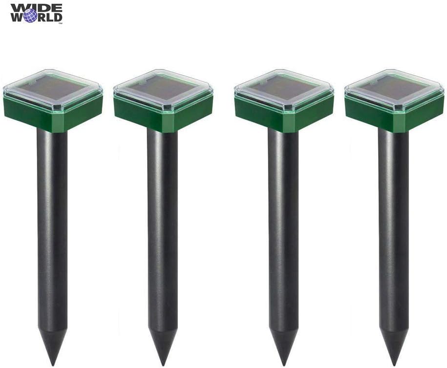 Ultrasonic Mole Repeller by Wide World - Professional Solar Powered Waterproof Outdoor Animal Repellent - Vibrasonic Pest Deterrent for Mole Mouse Rat Vole Snake - Sound Control Rodent Repeller -4Pack