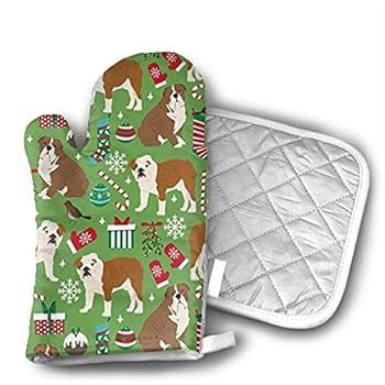 NoveltyGloves English Bulldog Oven Mitts,Professional Heat Resistant Microwave BBQ Oven Insulation Thickening Cotton Gloves Baking Pot Mitts Soft Inner Lining Kitchen Cooking
