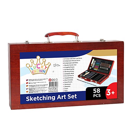 LUCKY-CROWN-Premier-Colored-Pencils-Sketching-and-Drawing-Art-Box-Set-58-PCS-in-Wooden-Handle-Case-for-Kids-and-AdultGift