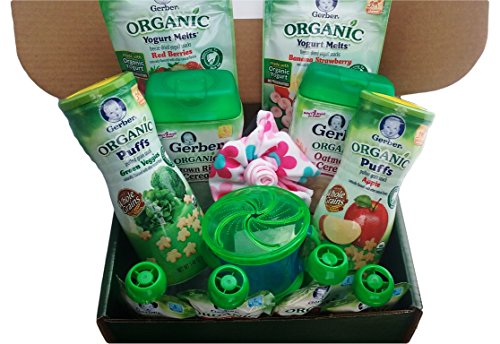 Gerber ORGANIC Baby Food Assorted Meals Gift Basket: Cereal, Puffs, Yogurt Melts, Food Pouches + Spoons, Snack Catcher, Bibs, Gift Card, Gift Box. For Babies, Crawlers and Toddlers Bundle of 16