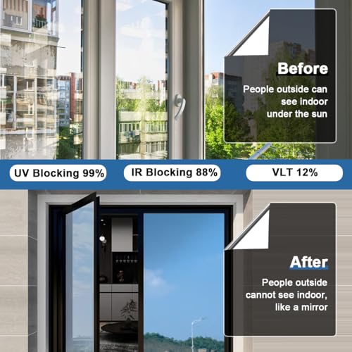 Window Film 50x500cm, Non-Adhesive Heat Insulation One-Way Privacy Mirror | UV Blocking Daytime Privacy Window Tint Dual Side Reflective Glass Film for Home & Office, Smooth Glass Door, DIY