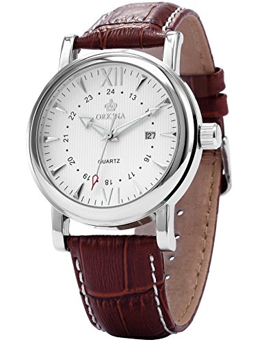 Orkina Mens White Dial Coffee Leather Sport Date Quartz Wrist Watch ORK107