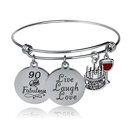 YEEQIN Happy Birthday Bangles, Cake Cheer Live Laugh Love Charms Bangle Bracelets, Gifts for Her (90th Birthday) (Best Gift For 90 Year Old Woman)