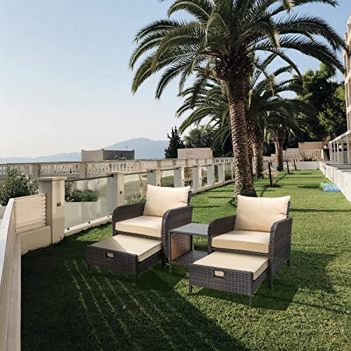 LeveLeve 5 Piece Patio Conversation Set, PE Wicker Rattan Outdoor Lounge Chairs with Soft Cushions 2 Ottoman&Glass Table for Porch,Pool Balcony, Lawn-Brown Wicker (Sand)