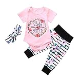 Toddler Baby Girls Boys 3Pcs Clothes Sets for 0-12 Months, Letter Printed Tops Floral Striped Pants Hair Strap Outfits (0-3Months, Pink)