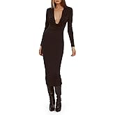 BARDOT Lorel Midi Dress for Women - Black Long Sleeve Fitted Cocktail Party Dress with Cowl Neckline