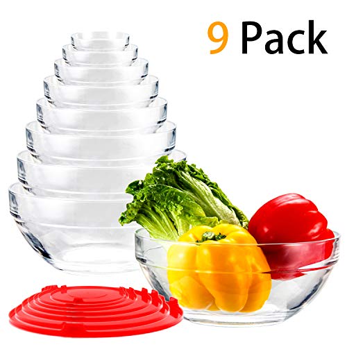 WERTIOO 9 Pcs Glsss Mixing Bowls Stackable Bowl Set with 7 pcs Llid for kitcken