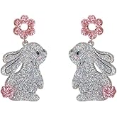 Shiny Acrylic Rabbit Animal Dangle Earrings for Women Cute Sequins Pink Flower Harajuku Bunny Pet Easter Statement Drop Stud Earrings Lightweight Holiday Homecoming Party Jewelry
