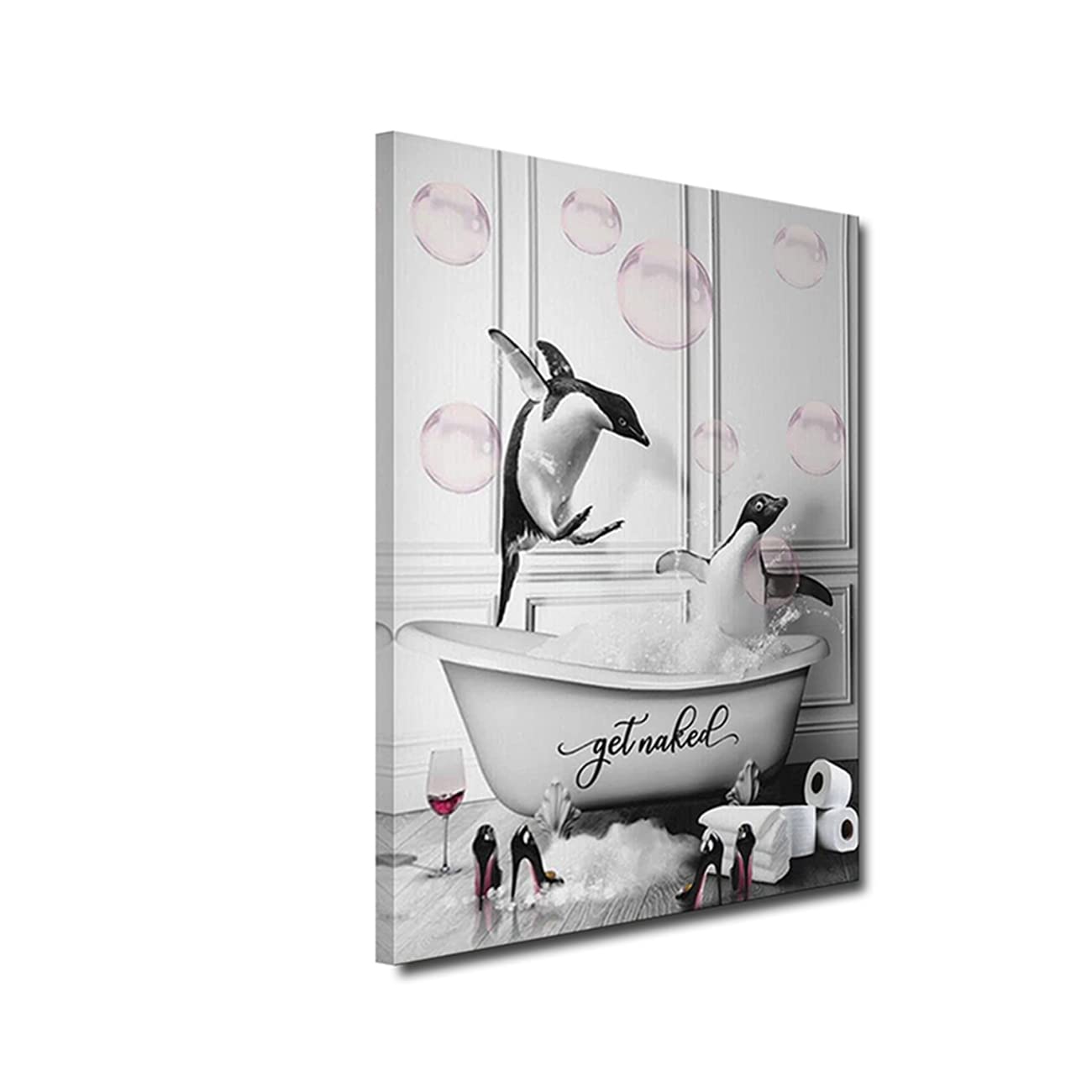 Bathroom Wall Art-Penguins In Bathtub with Pink Bubbles Funny Animals Pictures Wall Decor Black and White Canvas Prints Paintings for Home Decorations Framed Ready To Hang (Poster-1, 16"x24")