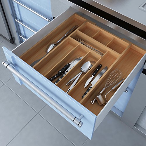 ISINO Bamboo Flatware Holder , Wooden Flatware Divider , Home and Kitchen Organizer Tray with 8-10 Slots , Size (11.6"-18.3")L x 17.5"W x2.5"H