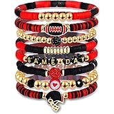 Game Day Bracelets for Women Football Bracelets Stackable Heishi Clay Beaded Stretch Bracelets Charm Sports Fan Charm Bracelet Bangles Football Mom Accessories Jewelry Gifts