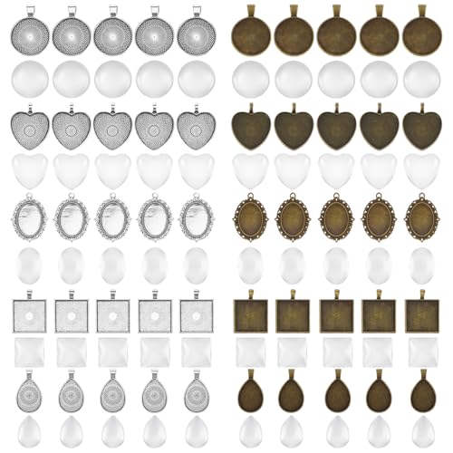100 Pcs Pendant Trays for Jewelry Making, Pendant Trays with Glass Cabochons, Bezels and Cabochons for Jewelry Making, Cameo Memorial Photo Pendant for Wedding Graduation Charm, 5 Styles