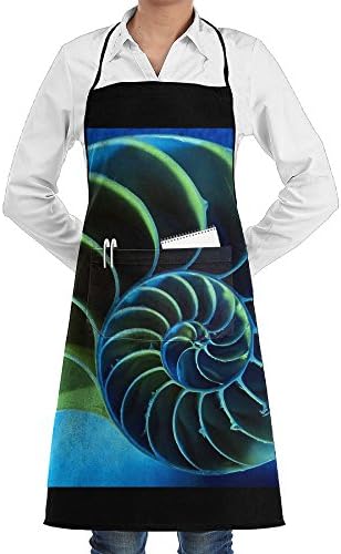Blue And Green Spiral Chambered Nautilus Bib Kitchen Apron,Flower Canvas,With Pockets,Machine Washable