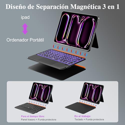 WIWU Keyboard Case for iPad Pro 13 M4/M5 2024/2025 Magnetic 3 in 1 Detachable Keyboard Case with Touchpad Adjustable Stand Backlit Keys 7 Colors (Black, iPad Pro 13"(M4/M5 2024/2025)