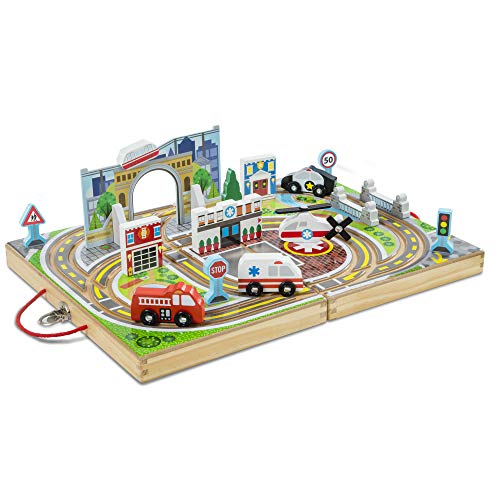 Melissa & Doug 18-Piece Wooden Take-Along Tabletop Town, 4 Rescue Vehicles, Play Pieces, Bridge