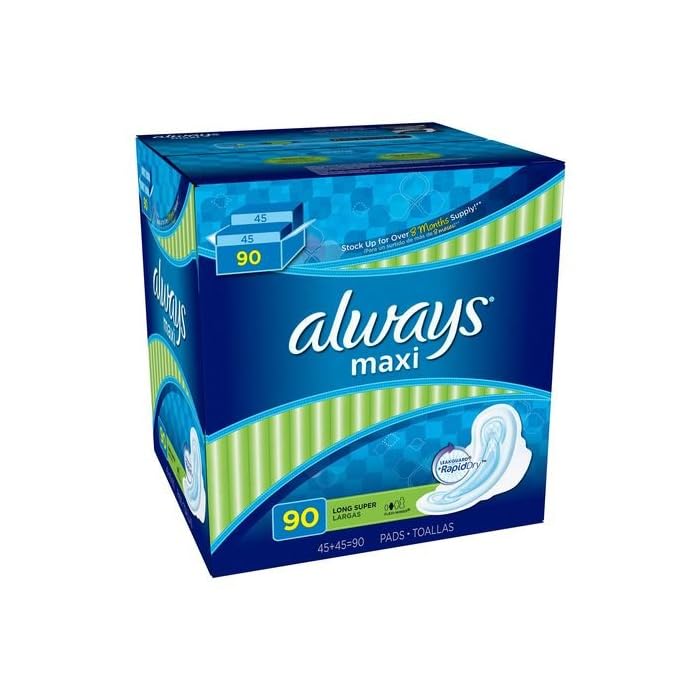 Always Maxi Feminine Pads for Women, Size 3 Extra Long Super Absorbency, with Wings, Unscented, 33 Count