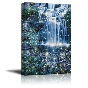 Canvas Prints Wall Art - Magic Night Waterfall Scene (Fantasy, Fairy, Waterfall) | Modern Wall Decor/Home Decoration Stretched Gallery Canvas Wrap Giclee Print. Ready to Hang - 12" x 18"