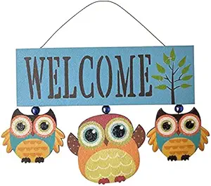 Venuy Owls Hanging Hello Wooden Welcome Sign Plaque Home Art Decor Rustic Farmhouse Porch Front Door Sign Flower Wreath Ornament