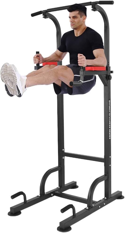 Micozy Dip Station Chin Up Bar Power Tower Pulls Push Boxing Ball Home Gym Fitness Core 49.13x29.48x(58.95-90.39) in (Black)