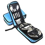 MLMSY 6 Piece Stainless Steel Bowl Fork Spoon Blue Travel and Camping Cutlery Set with Carrying Bag for 2 People