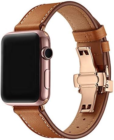 WAfeel Leather Band Compatible for IWatch Replacement Strap with Dual Button Butterfly Metal Clasp Sport Band Compatible for Apple Watch Series 4,3,2,Sport Edition (Brown +Gold Buckle, 42mm)