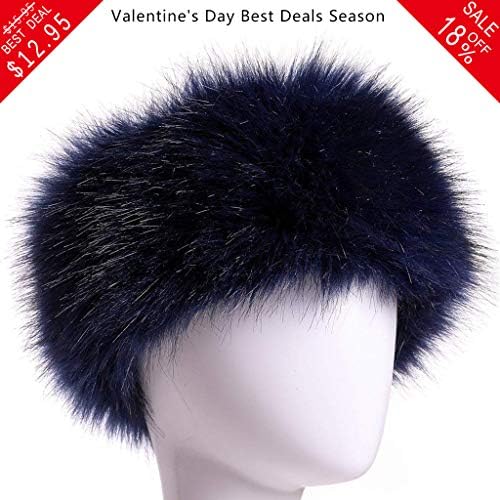 FHQHTHFaux Fur Headband with Elastic for Women Winter Earwarmer Ski Cold Earmuff (Navy)