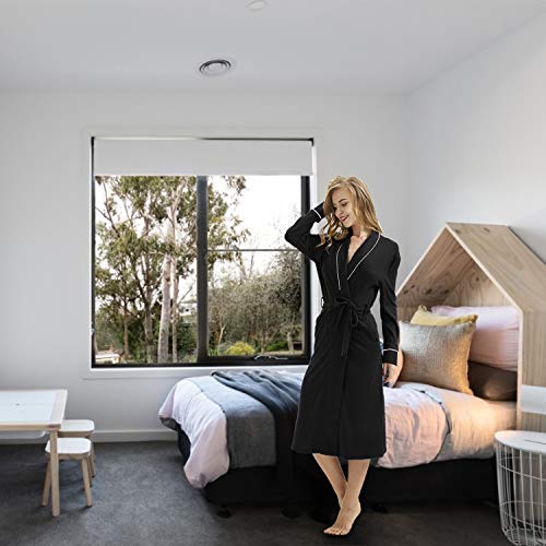 Women Robe Soft Bathrobe Cotton Kimono Long Sleepwear Lounge Wear - Lightweight Cotton House Coat Cardigan - Black, XL - Thumbnail 6