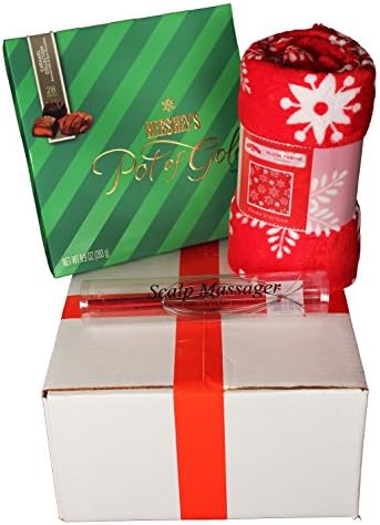 Holiday Chocolate Gift Set- Hersheys Pot Of Gold 28 Piece Caramel Collection, 50"x 60" Plush Extra Soft Fleece Throw Blanket, Relaxing Head Scratcher Perfect for Mom Wife Daughter
