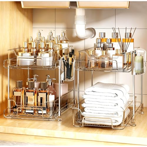 Yoawllty Under Sink Organizer,2 Tier Bathroom Cabinet Organizer,Clear Organizers storage with Dividers and Cups,Multi-Purpose Slide-Out Storage Container for Cabinet,Fridge,Kitchen,Makeup(2Packs）