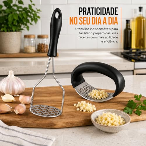 Kit Amassador de Batata + Espremedor de Alho Profissional em Aço Inox – Kit culinário premium para receitas rápidas Resistentes Fácil Limpeza Ideal para Purê Temperos e Receitas Rápidas PREMIUM