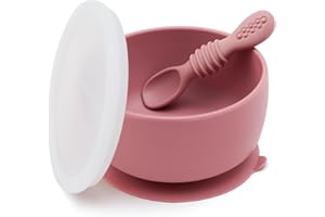 SAMiGO Silicone Baby Bowl and Spoon Set with Suction and Lid, First Stage Self Feeding Essentials, Food Bowl for 6+ Months
