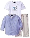 Nautica Baby Boys' L.Sleeve Bold Stripe Button Shirt W/ Short Sleeve Tee and Pull-on Twill Pant Set, French Blue, 12 Months
