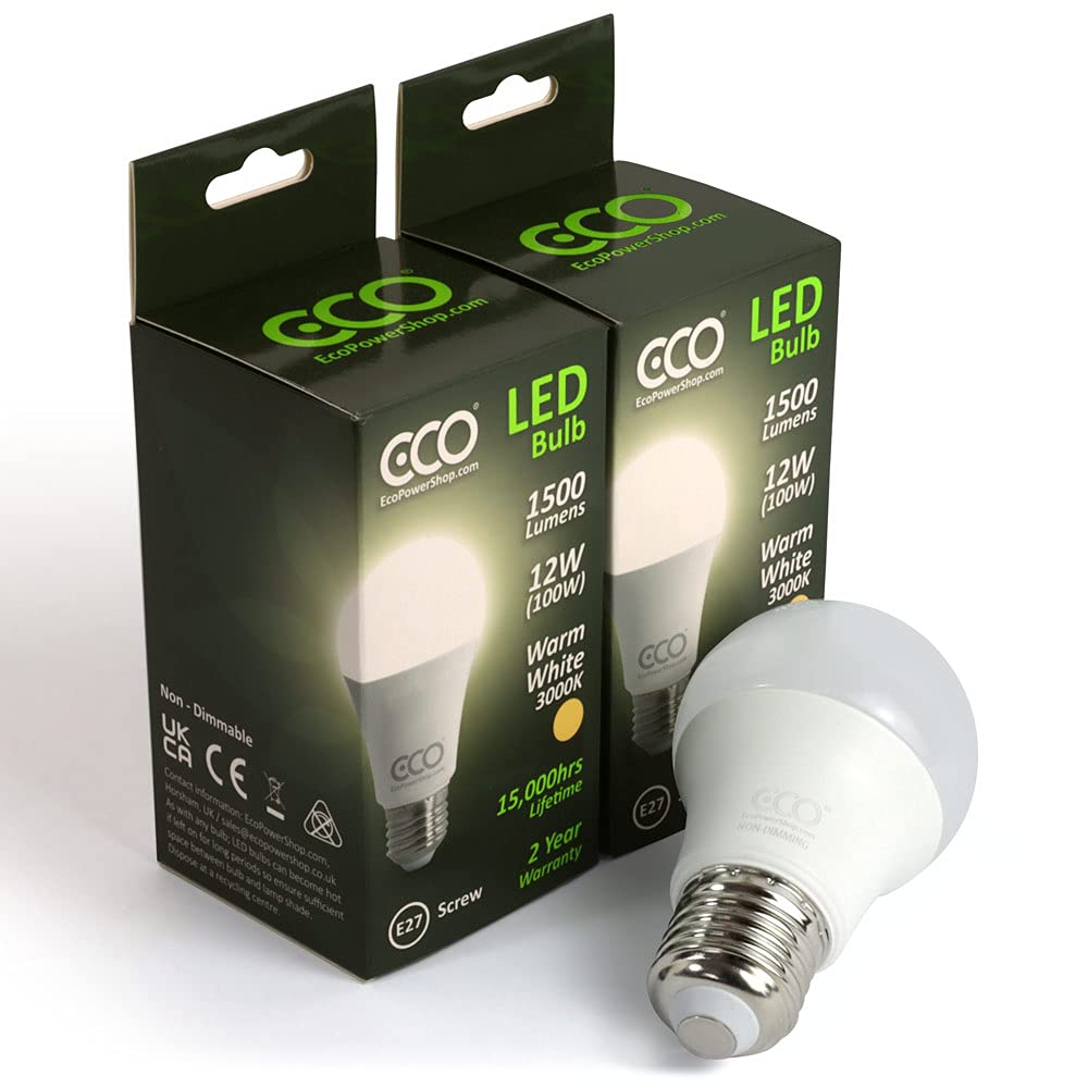 ECO 100W E27 Edison Screw Energy Saving LED Light Bulbs, Low Energy 12W LED, Bright 1500 Lumens, Warm White 3000K, 15,000Hrs Lifetime. 2X Pack.