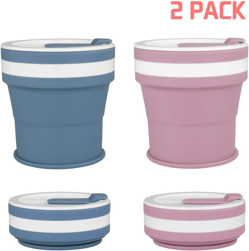 Collapsible Coffee Cup, Silicone Travel Cup with Lids, Reusable Camping Tea Cup, Portable Foldable Hiking Cup, Lightweight, 12 oz(Blue+Purple)