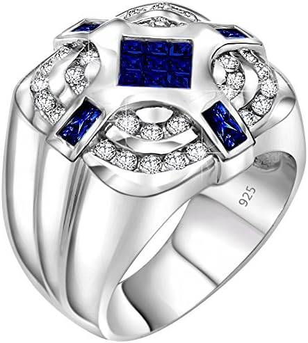 [2-5 Days Delivery] Men's Sterling Silver .925 Designer Ring with Invisible Set Center Dark Blue Cubic Zirconia (CZ) Stone Surrounded by 36 CZ Stones, Platinum Plated Jewelry