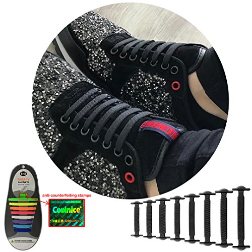 No Tie Shoelaces for Men and Women - Best in Sports Fan Shoelaces – Waterproof Silicon Flat Elastic Athletic Running Shoe Laces with Multicolor for Sneaker Boots Board Shoes and Casual Shoes (Black)