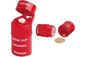 Pill Crusher Cutter Splitter for Small Pills, 3-Compartment Daily Pill Organizer, Stainless Steel Blade, Red, 1 Pack