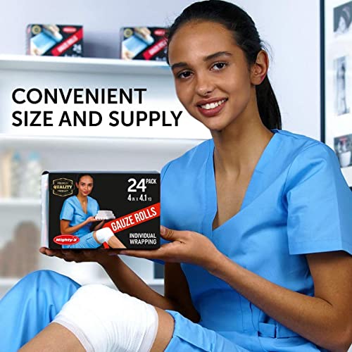 Premium Gauze Rolls 24 pack 4" Individually Wrapped + Bonus Tape