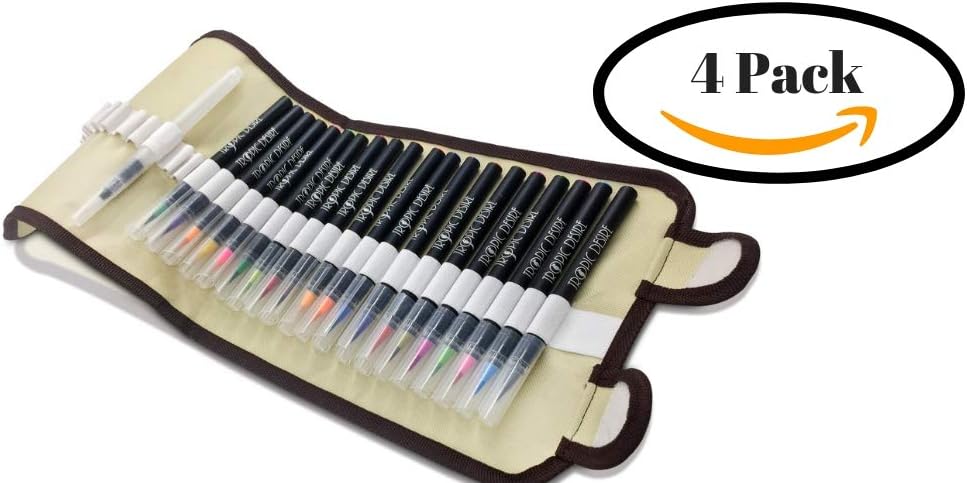 TROPIC DESIRE 4 Pack Watercolor Brush Pen Set – Vivid Watercolors for Professionals, Beginners, Adults, and Kids – 20 Watercolor Art Markers and Water Pen + Bonus Roll Up Wrap Case & Coloring Ebook