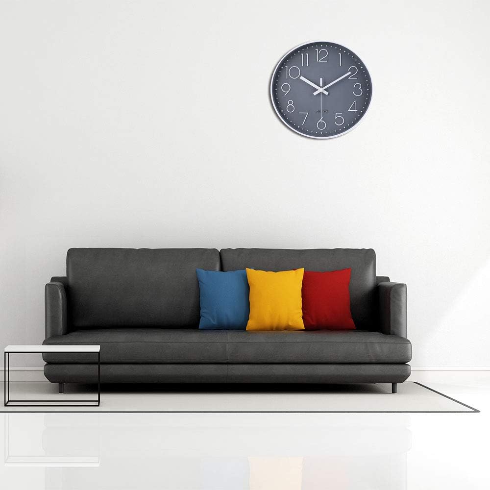 12 Inch Non-Ticking Wall Clock Silent Battery Operated Round Wall Clock Modern Simple Style Decor Clock for Home/Office/School/Kitchen/Bedroom/Living Room (Gray): Kitchen & Dining