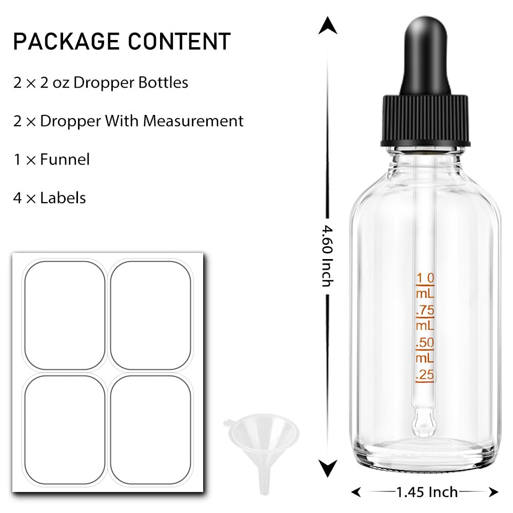 Bumobum 2 pack Dropper Bottle 2 oz, Clear Glass Eye Dropper Bottles for Essential Oils with Labels and Funnel, Leakproof Tincture Bottles with Measured dropper