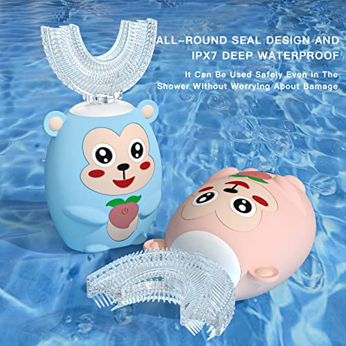 ELOTAME Kids U Shaped Electric Toothbrush with 4 Brush Head,Cartoon Monkey Auto Sonic Toothbrush for Children Age 8-15, 360° Full Mouth Cleaning Animal Toddler Automatic Toothbrushes with Travel Cup
