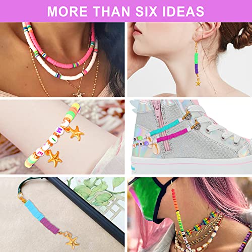 7100 Clay Beads for Jewelry Bracelet Making Kit, 24 Colors Flat Polymer Heishi Beads with Letter Beads, Gold Beads, Pendant Charms and Elastic Strings, Gift for Girls Age 6-12