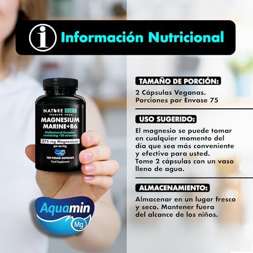 Magnesium Marine + B6-375 mg de Magnesio por porción - 150 Cápsulas Veganas - Complejo Multimineral con Aquamin - Apoya la Salud Ósea, Muscular y Cardiovascular