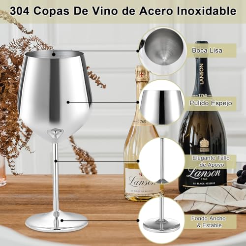 Copas de Vino Acero Inoxidable con Tallo 500ml 2 Pieza, Taza Cobre de Vino Tinto Cóctel Inastillable Fácil de Limpiar, Copas Irrompible para Aniversarios Navidad Fiesta Piscina Boda, Alto 21cm (Plata)