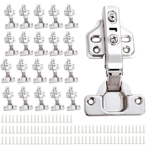 Door Hinges for Kitchen Cabinet 20Pcs, Soft Close Straight Cup Frameless Hinges with 120 Screws, Adjustable Full Overlay Hidden Concealed Hinge for Wardrobe Closet Bathroom Furniture Doors
