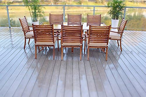 Pebble Lane Living All Weather Rust Proof Indoor/Outdoor 9 Piece Cast Aluminum Patio Dining Set, 1 Tempered Tinted Glass Top Dining Table & 8 Dining Chairs in Premium Olfen Cushions, Wood Finish