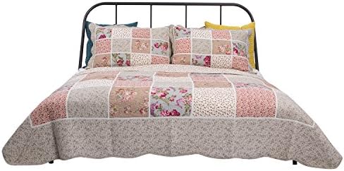 Basicome Quilt Set of 3, Including 1 Reversible Quilt and 2 Pillow Shams, 90"x98" for Queen, Patchwork Floral Tea Rose