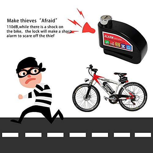 Wisamic Motorcycle Alarm Disc Lock - Motorbike Anti-theft Disc Brake Lock with 6mm Pin, 110dB Alarm Sound, 4ft Reminder Cable, Pouch Wheel Security Lock (Black)