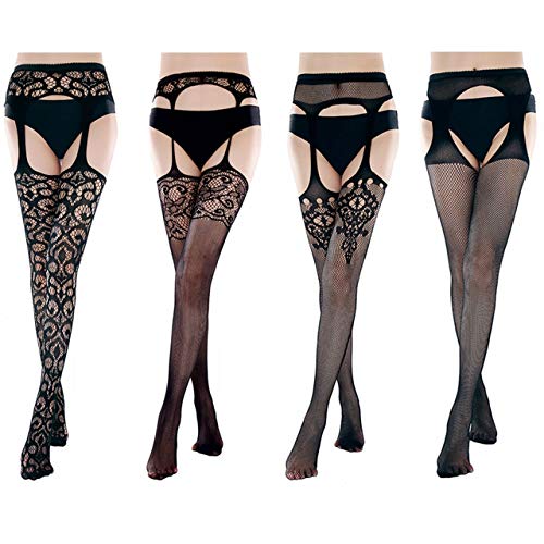 Women s Stockings 4PCS Black Lace Gorgeous Fishnet tights garter Design Sexy Office Style (Type1) Pantyhose Thigh-High four Pairs packs set socks hosiery nylons leggings